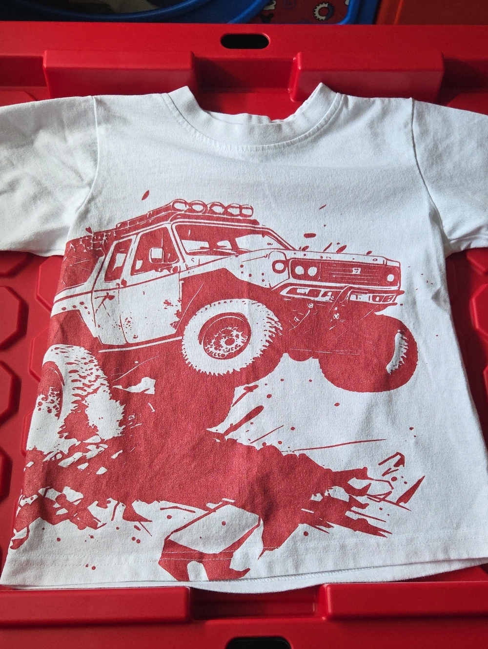 Jane and Bleecker White Tee with Red Off-Road Truck Graphic